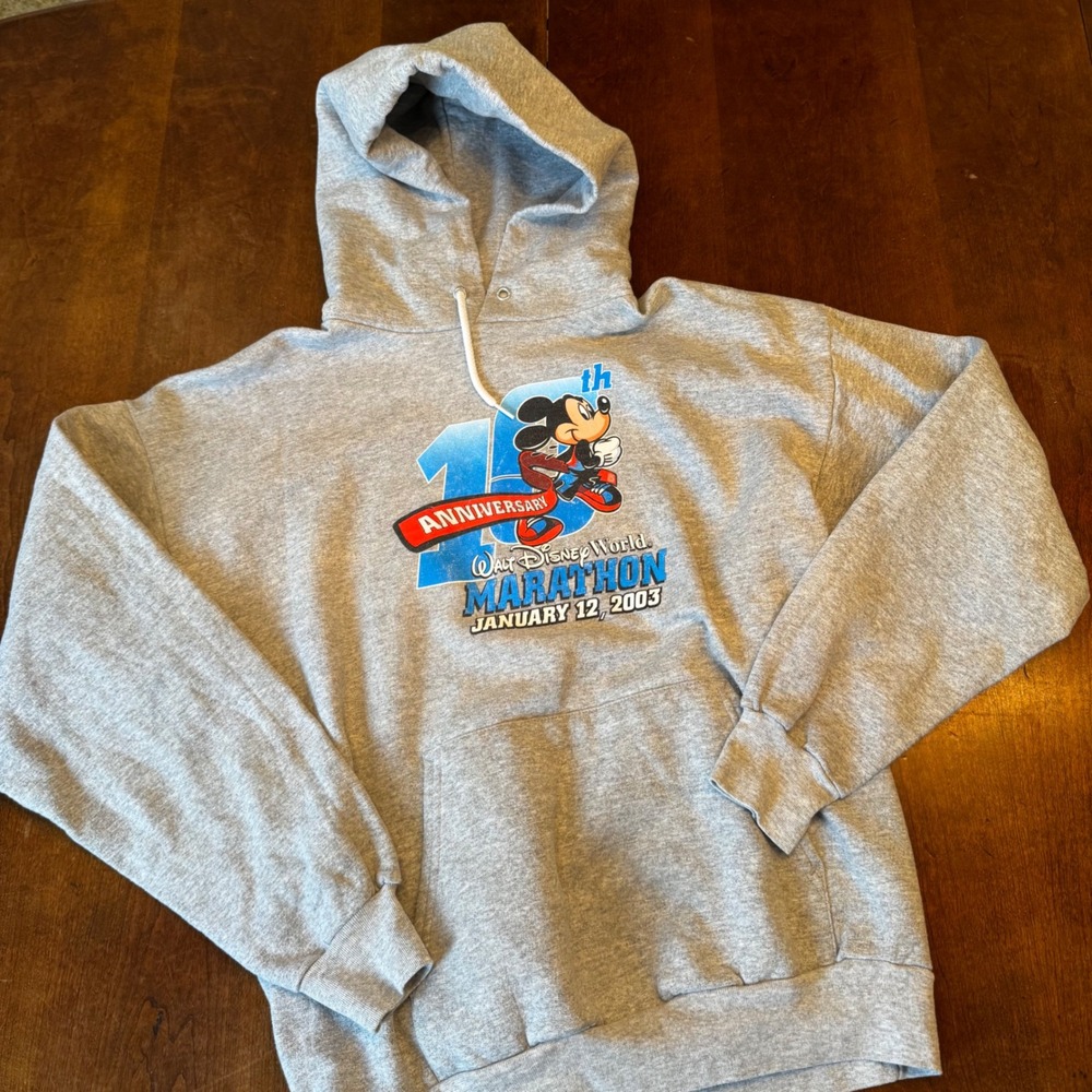 Walt Disney World Hoodie Unisex L Gray 10th Anniversary Marathon 2003 Graphic